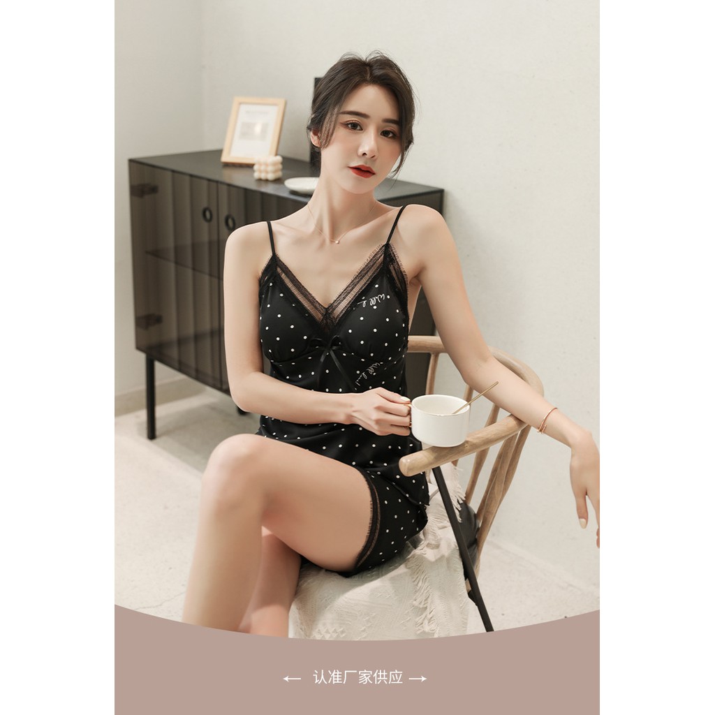 Bộ ngủ lụa 2 dây chấm bi 178 - Ha Song Shop đồ ngủ chất lụa gợi cảm form chuẩn tôn dáng cho nữ