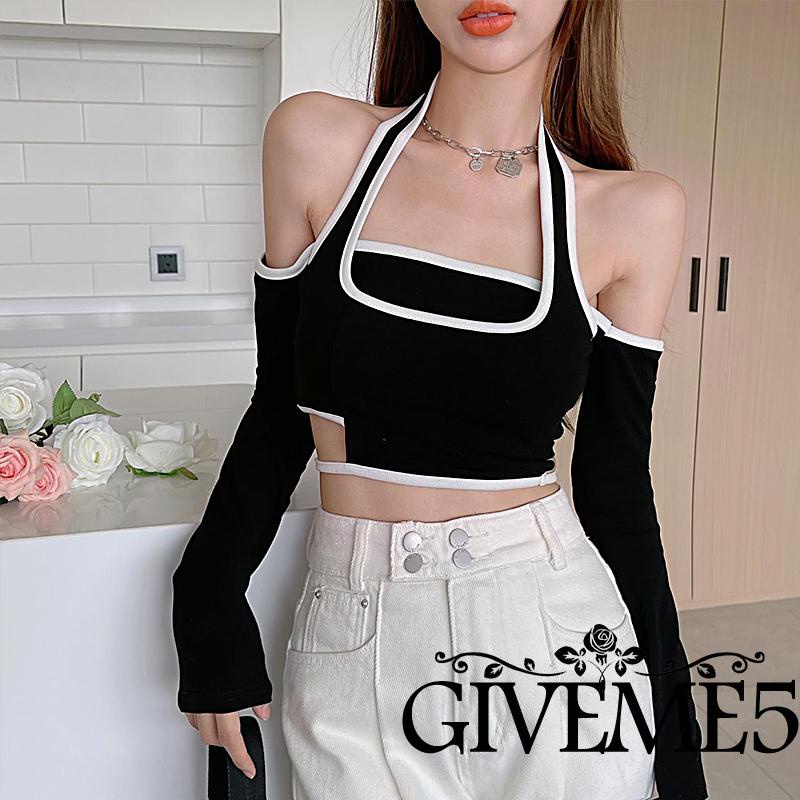 Áo croptop tay dài trễ vai màu xám/đen thời trang xuân hè cho nữ