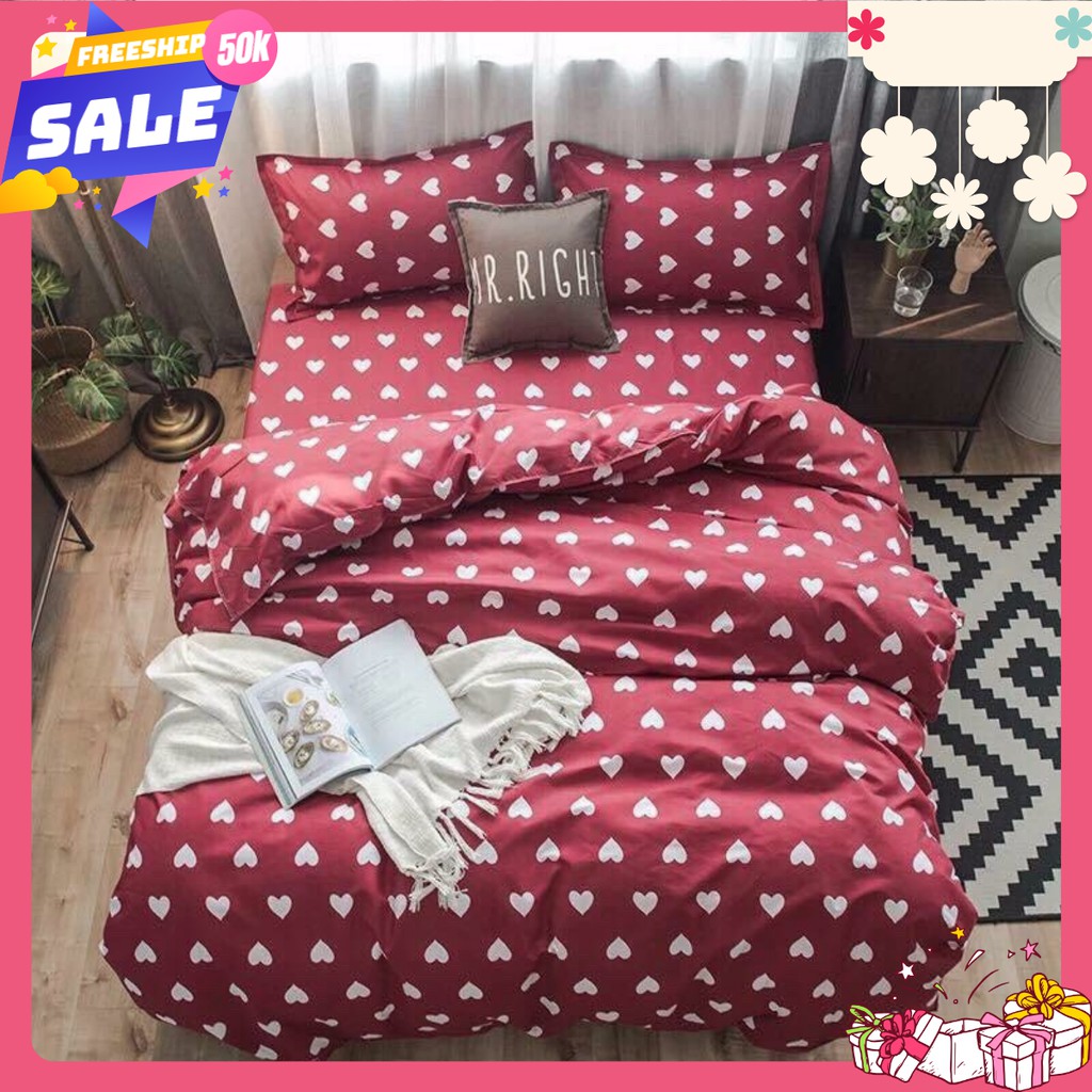 Bộ Chăn Ga Gối cotton poly Nhập khẩu tim đỏ