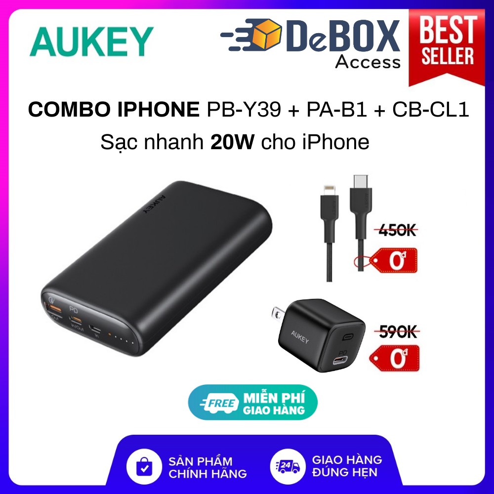 Combo Aukey Sạc Dự Phòng 15.000mAh PB-Y39 ,Cốc Sạc Nhanh Omnia PA-B1, Cáp C To Lightning CB-CL1 PD 22.5W