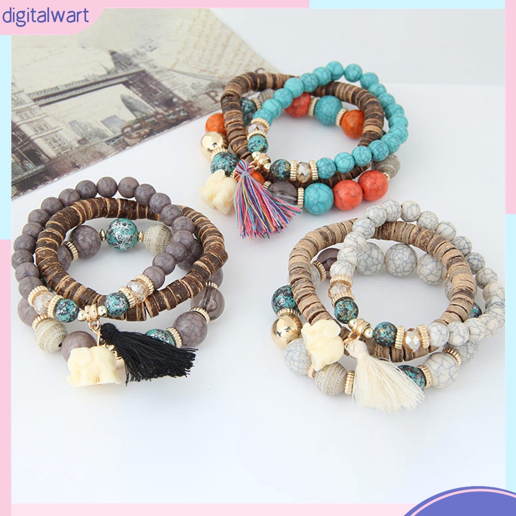 Set 3 Vòng Tay Chuỗi Hạt Nhựa Nhiều Lớp Phong Cách Bohemia Cho Nữ