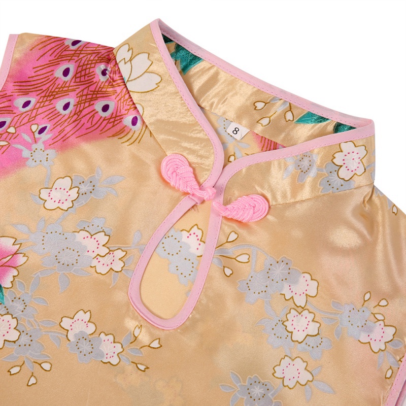 Đầm Sườn Xám Không Tay In Hình Chim Công Thời Trang Dành Cho Bé Gái