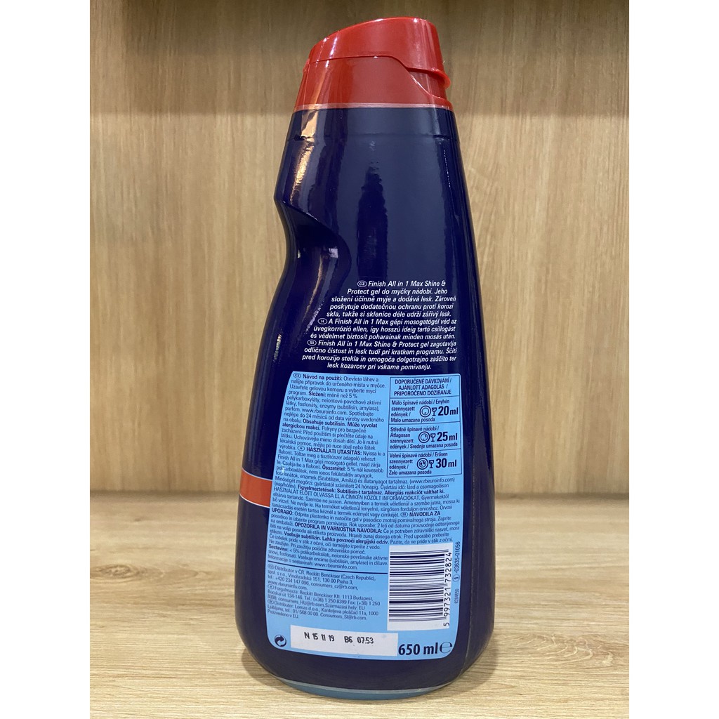 [HCM] Gel rửa bát đậm đặc Finish All in 1 Max Shine &amp; Protect - Chai 650ml