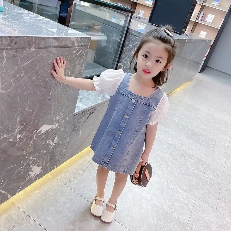 Đầm Denim Tay Ngắn Thiết Kế Mới Thời Trang Mùa Hè Theo Phong Cách Hàn Quốc Cho Bé Gái