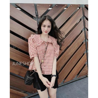Áo sơ mi kẻ đỏ cổ bèo ngắn tayhót trend