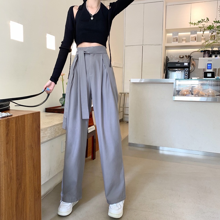 SUXI Quần Dài Lưng Cao Ống Rộng Màu Sắc Đơn Giản Dễ Phối Đồ
