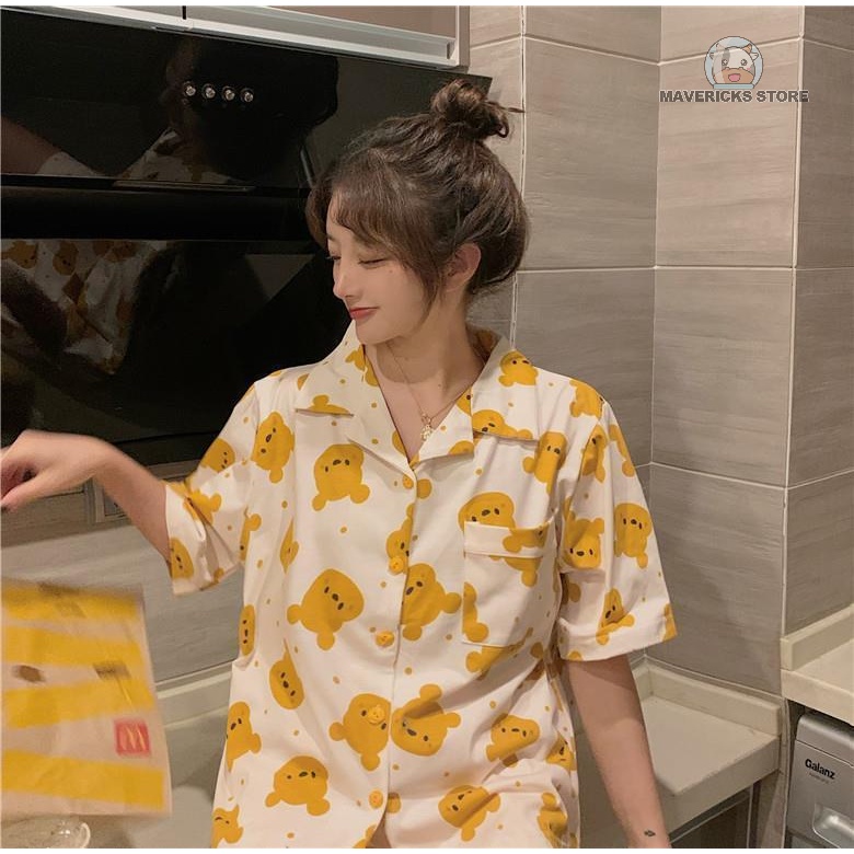 Bộ đồ ngủ ngắn tay in họa tiết gấu màu vàng kiểu Hàn Quốc mùa hè thoải mái đáng yêu dành cho nữ