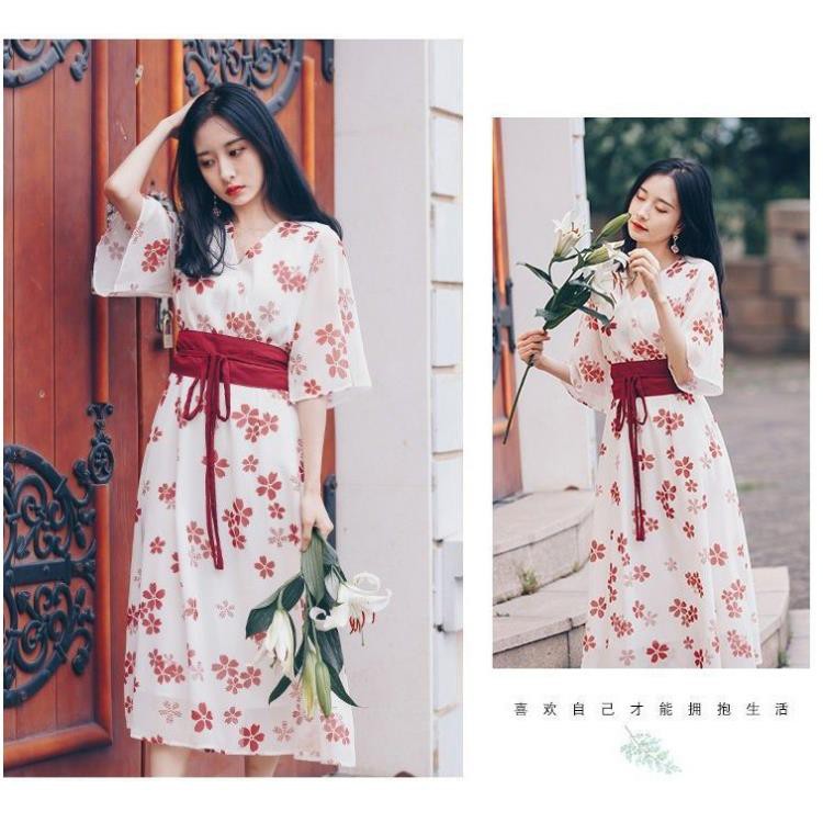 Váy Đầm Voan Kiểu Nhật ⚡️ẢNH THẬT⚡️ Váy Hoa Đỏ Yukata Kiểu Nhật Cực Xinh Chào Hè Cho Các Nàng  ཾ
