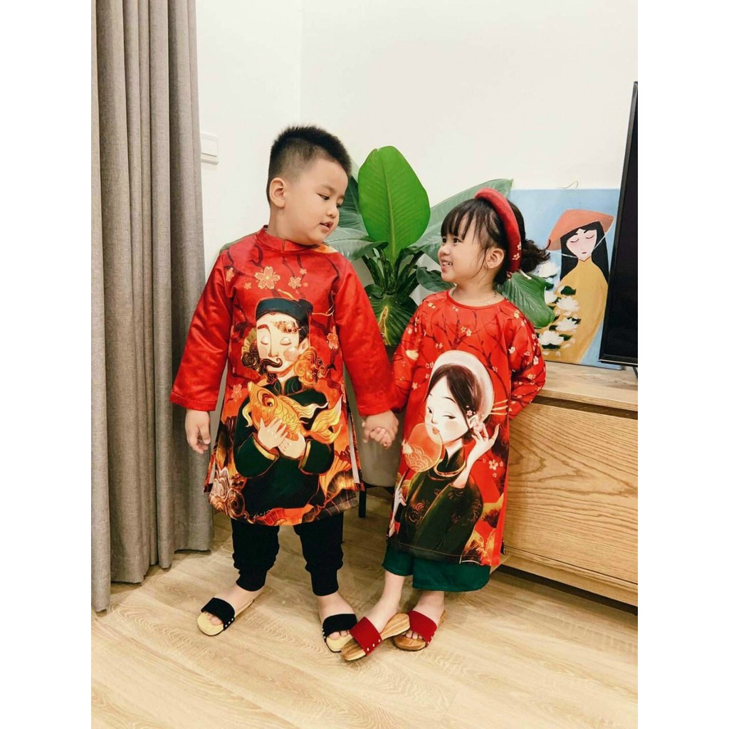 Áo dài TẾT 2021 cách tân truyền thống - Áo dài cho bé hình ông đồ cô tấm - Chất liệu lụa in 3D cao cấp