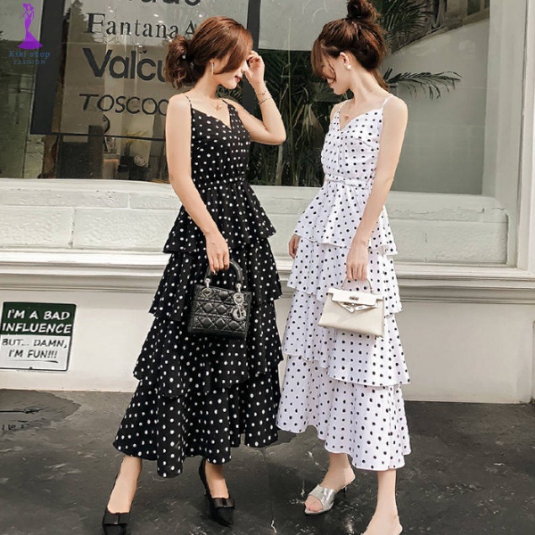 Váy KIKI Kiểu Mới 720#Đầm Hai Dây Xếp Tầng Họa Tiết Chấm Bi Phong Cách Mùa Hè Mới Dành Cho Bạn Nữ Mặc Khi Đi Biển