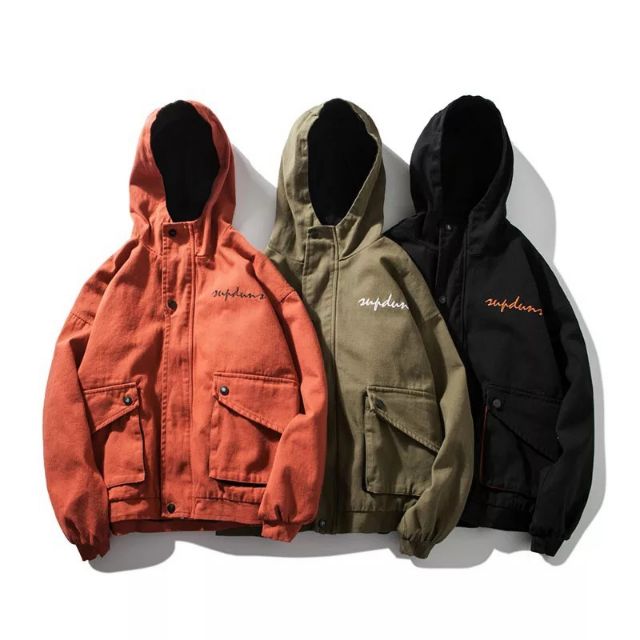 Áo Khoác Kaki bomber-TAN-túi hợp 2 lớp thêu AKK1- màu đen cam và xanh rêu.