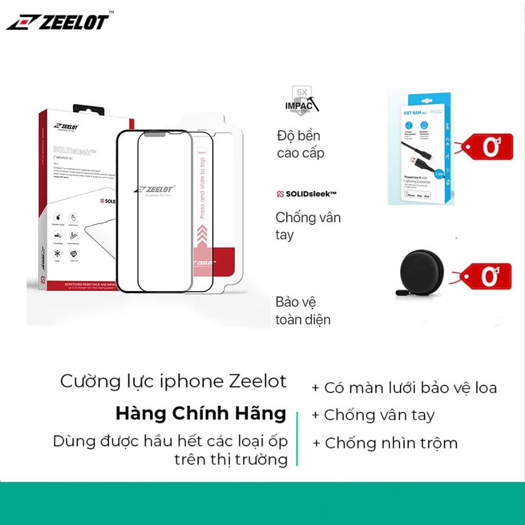 Kính Cường Lực Chống Vân Tay Zeelot Anti-Glare Lưới Thép Chống Bụi Loa iPhone 13/13Pro/12/12 Pro Max/11 Pro/11/XS Max/XS