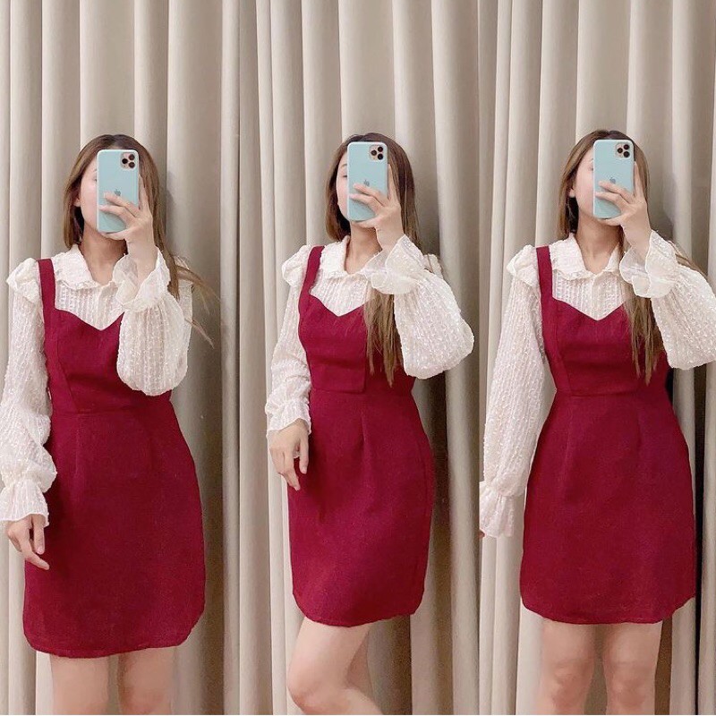 Set yếm Đầm bố đỏ 2 dây + áo sơmi ren nhũ cổ sen bèo tay loe