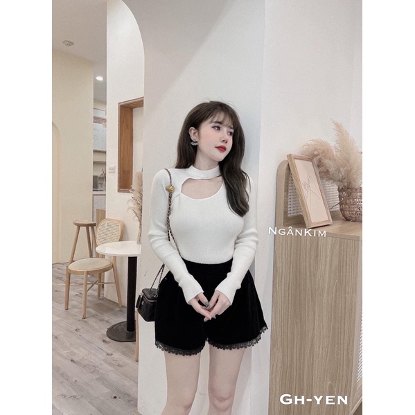 Áo Dài Tay Khoét Cổ Chất Len Cổ Tròn Dễ Mặc Dễ Mix Đồ Cực Xinh