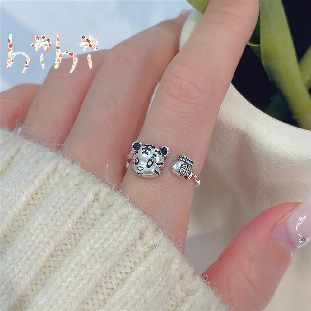 Nhẫn mạ bạc S925 hình chú hổ dễ thương có thể điều chỉnh kích cỡ