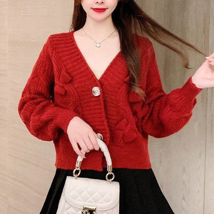 Áo khoác cardigan dệt kim dáng rộng mềm phối nơ phong cách mùa thu Hàn Quốc cho nữ