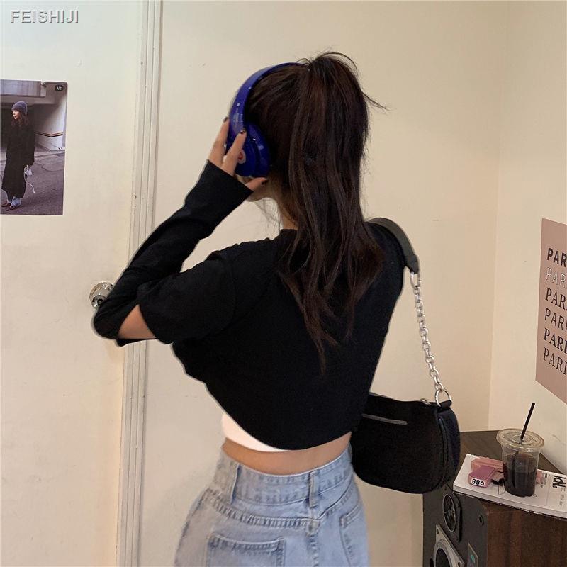 ∈¤☃2021 summer new design hollow fake two-piece long-sleeved T-shirt, female hit color and thin, all-match short top ins tide
