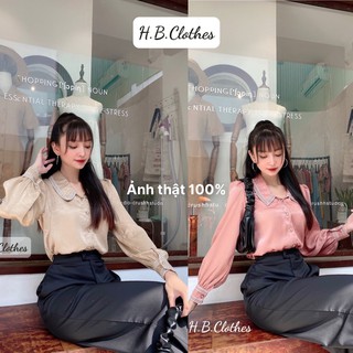  HB Set áo sơ mi cổ phối ren và quần ống suông