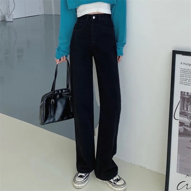 Quần Jeans Nữ Ống Suông Màu Đen Trơn Cạp Cao Phong Cách Ulzzang Basic Chất Đẹp Loại 1 Mềm Tay Co Dãn Nhẹ Mặc Hàng Ngày
