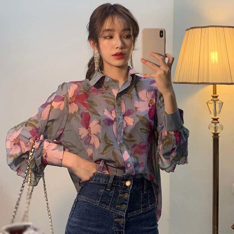 Áo Kiểu Vải Áo Sơ Mi Chiffon Tay Dài Cổ Chữ V Họa Tiết Hoa Phong Cách Hong Kong Dành Cho Nữ