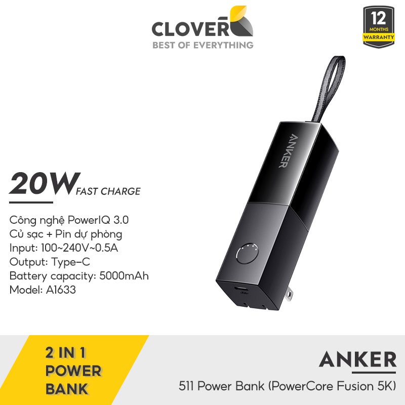 Củ Sạc Nhanh 20w Anker Kiêm Pin Dư Phòng 5000mah Thiết Kế 2 Trong 1 Nhỏ Gọn Nhẹ Chân Gập Tiện Dụng Tương Thích Đa Thiết