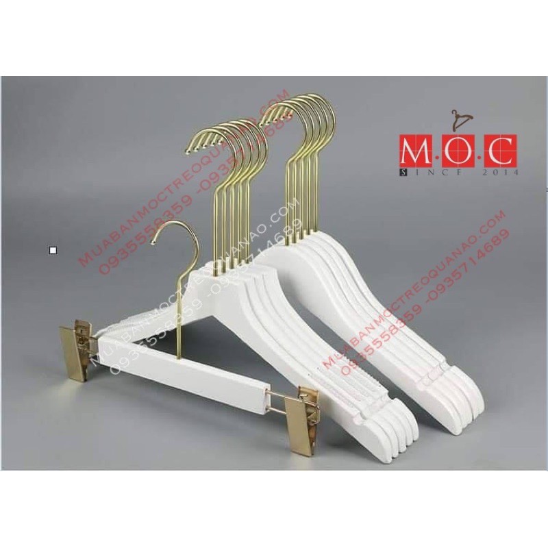 móc áo gỗ trắng đầu móc vàng dài