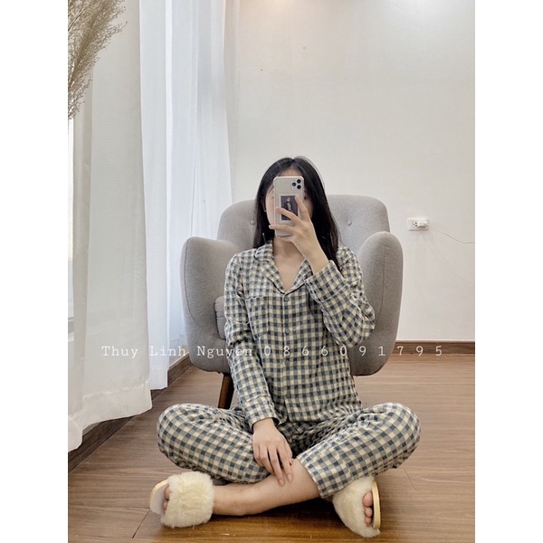 [Ảnh Thật] Bộ ngủ kẻ đũi pha nhung_Chất mềm_Không nhăn | BigBuy360 - bigbuy360.vn