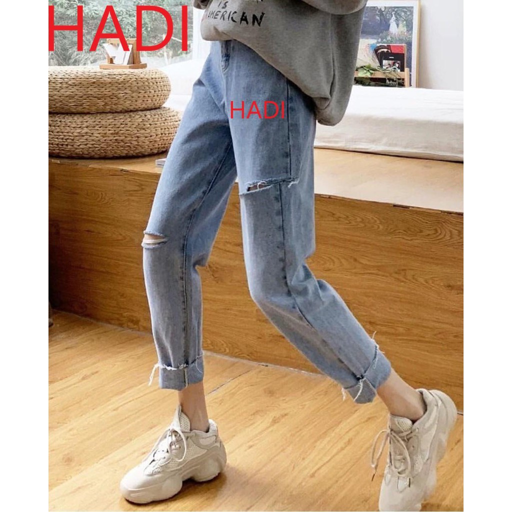 [ HÌNH THẬT TUYỆT VỜI!! ] QUẦN BAGGY JEAN NỮ CAO CẤP HADI LƯNG SIÊU CAO LAI TUA RÁCH GỐI PHẢI PHỐI RÁCH BE TRÁI CAO CỰC
