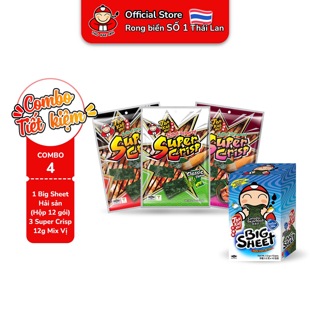 [COMBO TIẾT KIỆM] Snack Rong biển TaoKaeNoi BIG SHEET (12 gói) Vị Hải sản và Super Crisp 12g (TT, Mực, Kim Chi) (4 món)