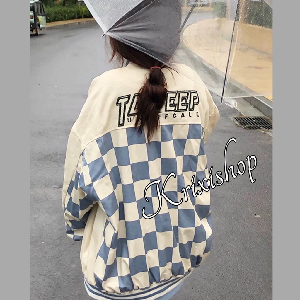 Áo khoác bomber nữ tuổi teen caro bàn cờ vua, form rộng nút bấm vải dù đi học đi chơi