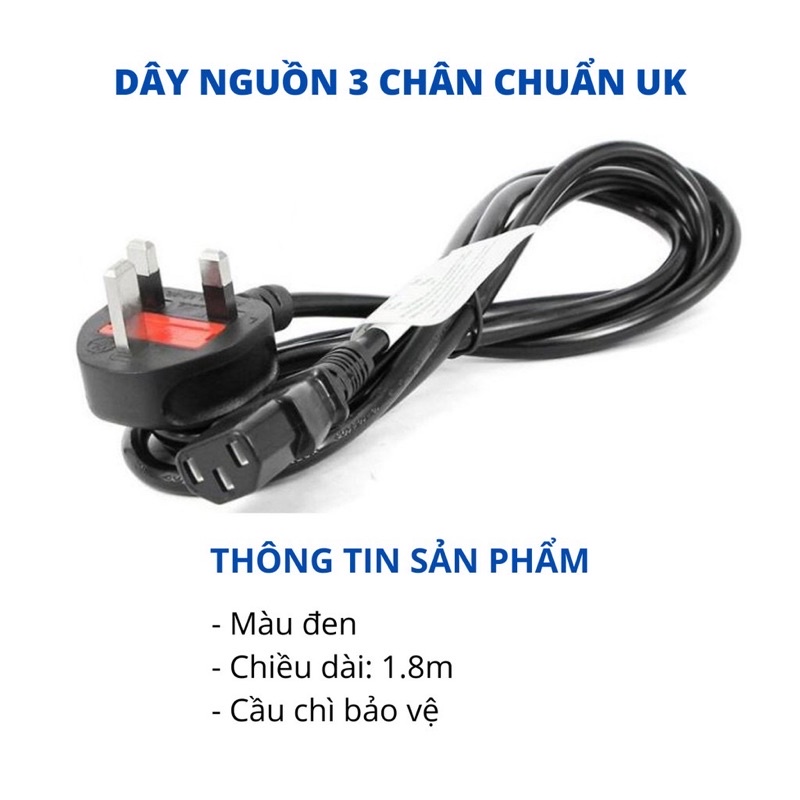 Dây nguồn 3 chân C13 chuẩn UK dài 1.8m có cầu chì và chân tiếp mát