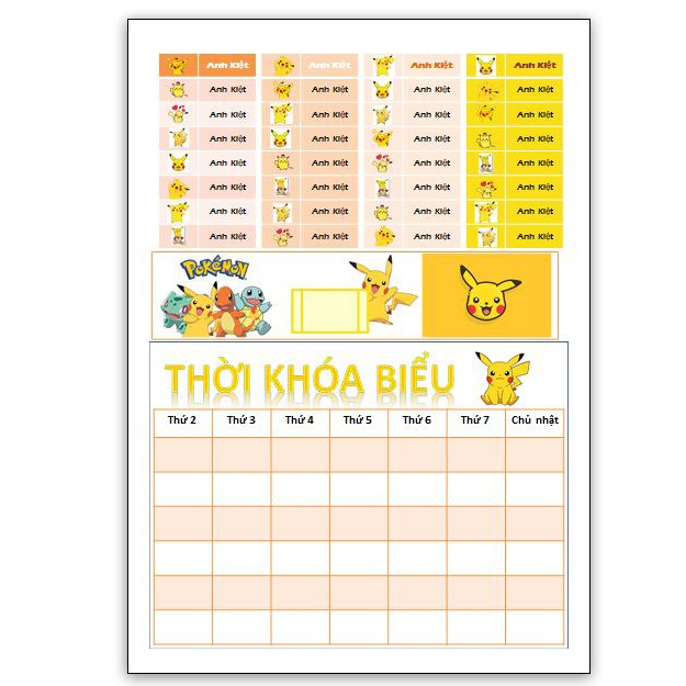 Combo 32 nhãn dán tên, 3 sticker dễ thương và thời khóa biểu theo chủ đề (doraemon, kitty, pikachu)