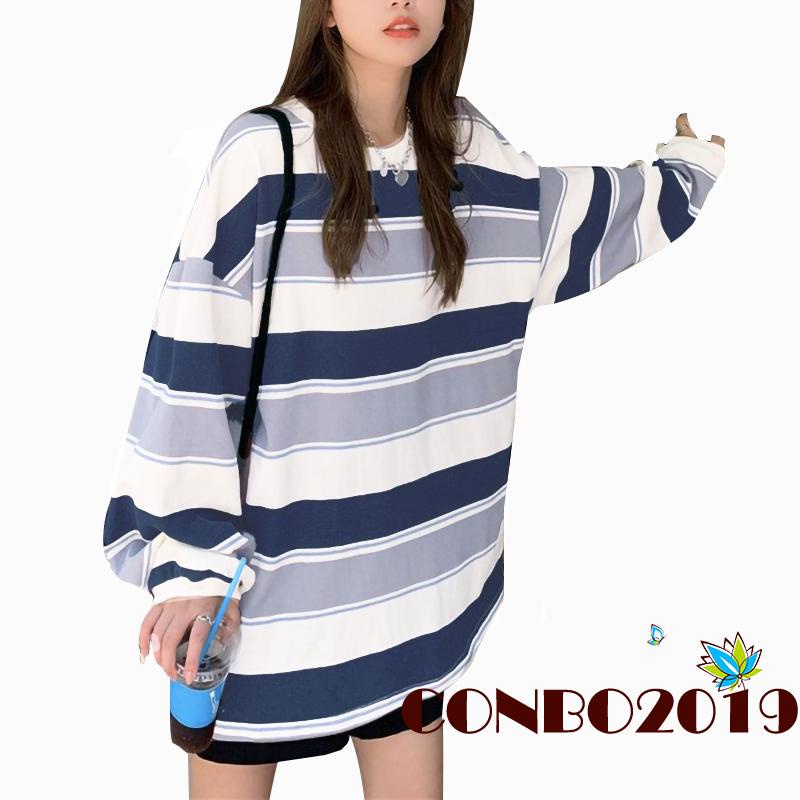 Áo Thun Tay Dài Cổ Tròn Dáng Rộng Họa Tiết Kẻ Sọc Thời Trang Cho Nữ