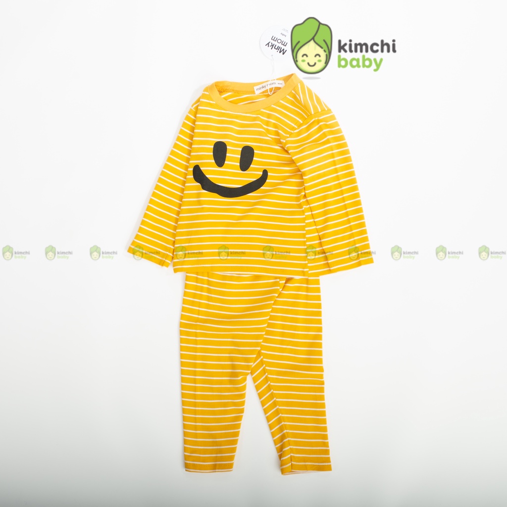 Đồ Bộ Bé Trai, Bé Gái Minky Mom Vải Cotton Sọc Ngang Mặt Cười, Bộ Dài Tay Cho Bé Mặc Nhà Thu Đông MKMTD2173