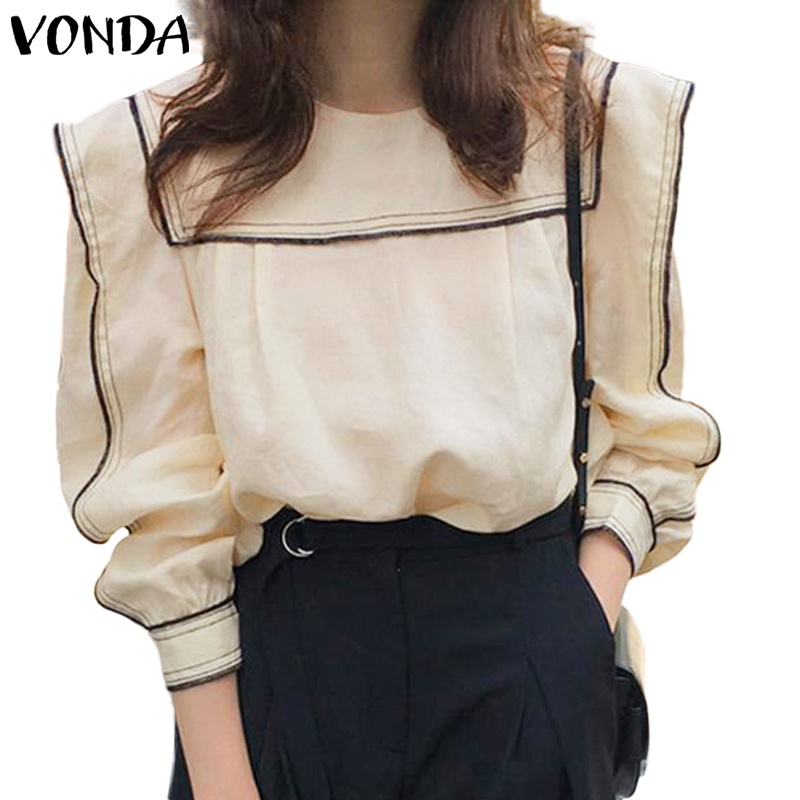 Áo VONDA dài tay cổ tròn thiết kế xếp ly thời trang Hàn Quốc thanh lịch cho nữ