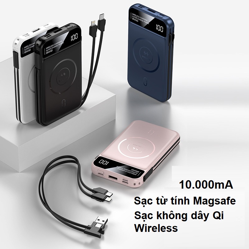 Sạc dự phòng Magsafe 10000mAh, sạc từ tính Iphone, không dây Qi Wireless Android, kèm dây cáp tiện dụng