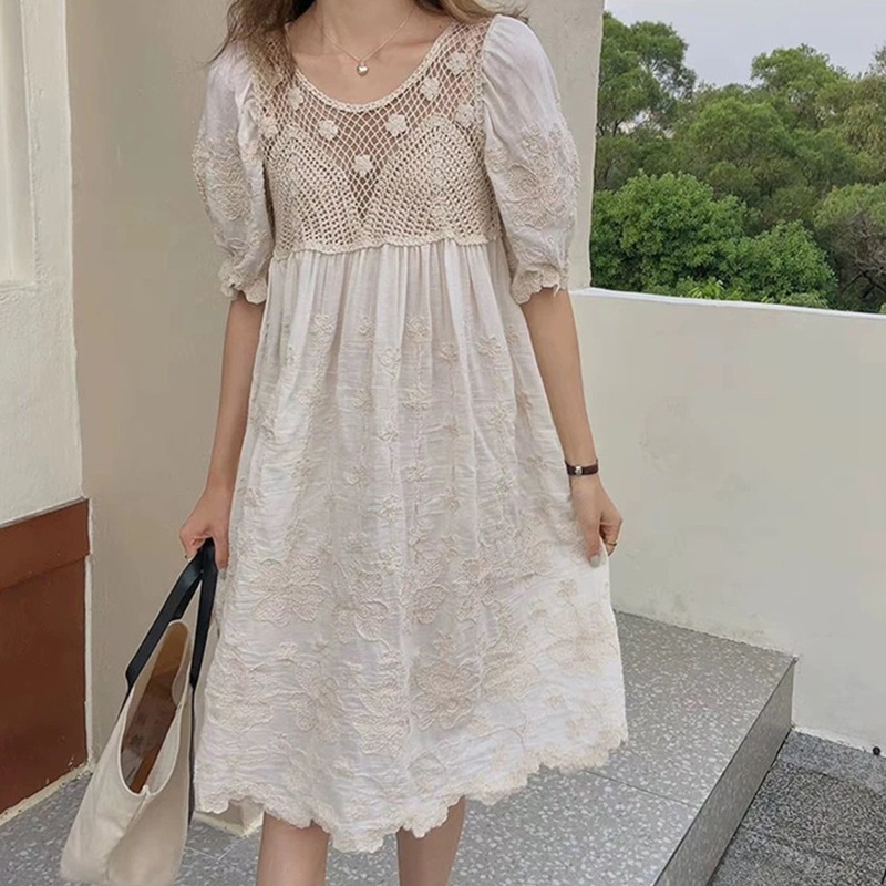 Đầm Midi Dáng Dài Đan Móc Tay Phồng Cổ Tròn Phối Ren Hoa Thời Trang Cho Nữ