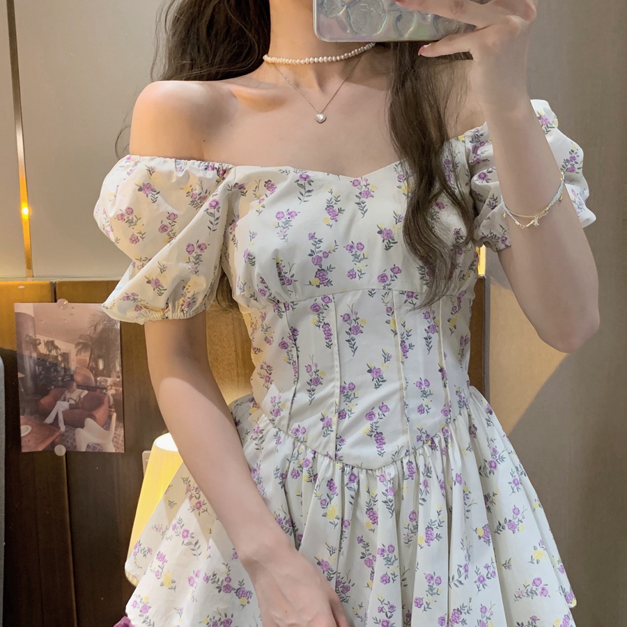 Váy Hoa Nhí vintage, Đầm Hoa Nhí vintage Cúp Ngực Cổ Vuông Tay Phồng Dáng Xoè Ngắn Tiểu Thư | BigBuy360 - bigbuy360.vn