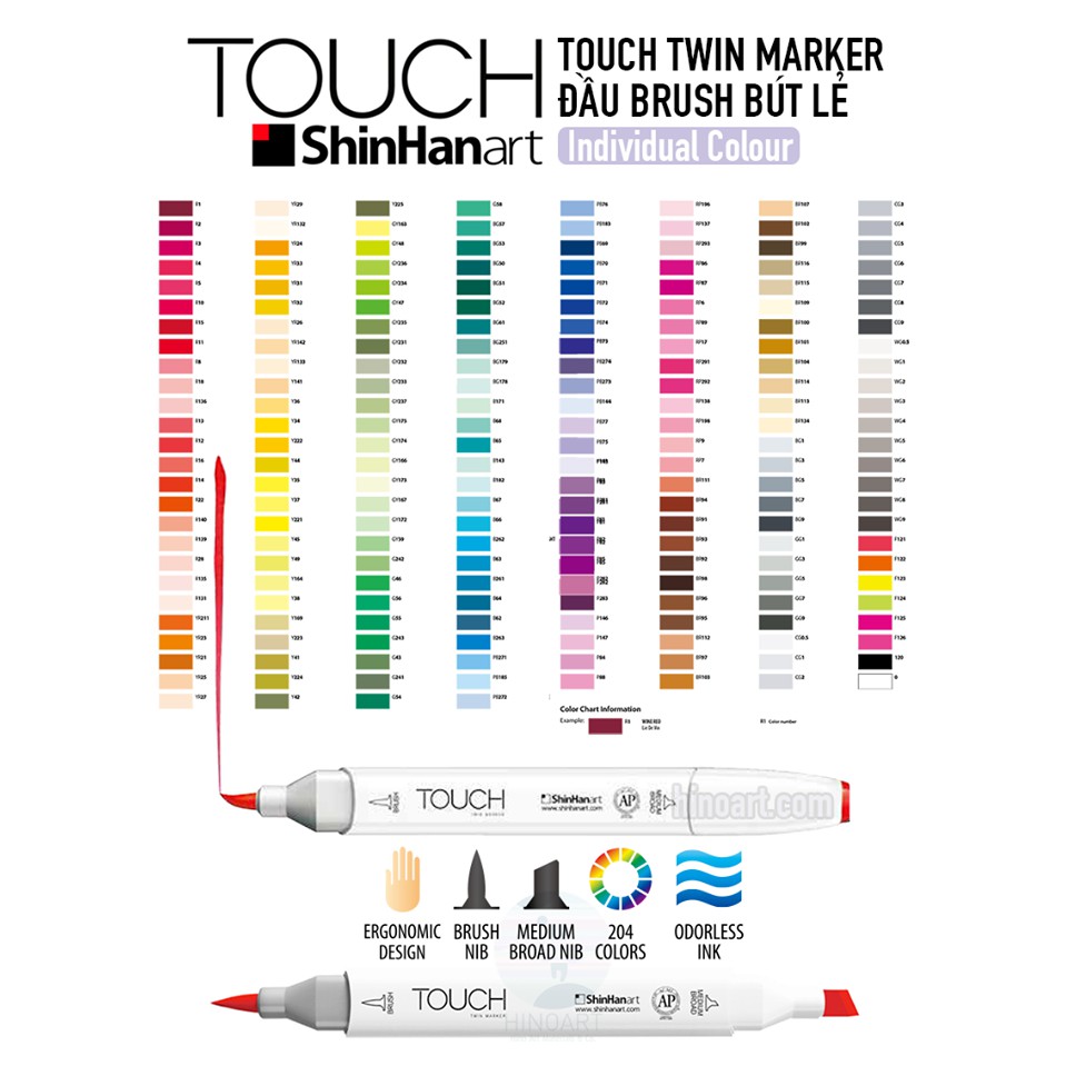 Bút marker ShinHan Touch Twin Brush thân trắng tông vàng, cam, nâu