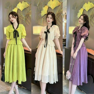 Váy đầm cổ bèo tay phồng phối cổ cột nơ (có lót) kiểu dáng sang chảnh thanh lịch
