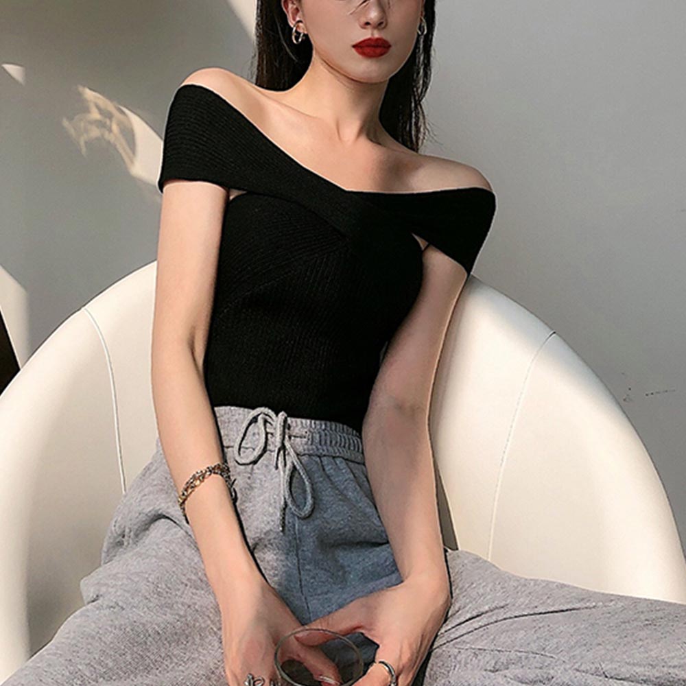 Áo dệt kim sát nách dáng ôm thiết kế dây đan chéo phong cách Hàn Quốc quyến rũ cho nữ