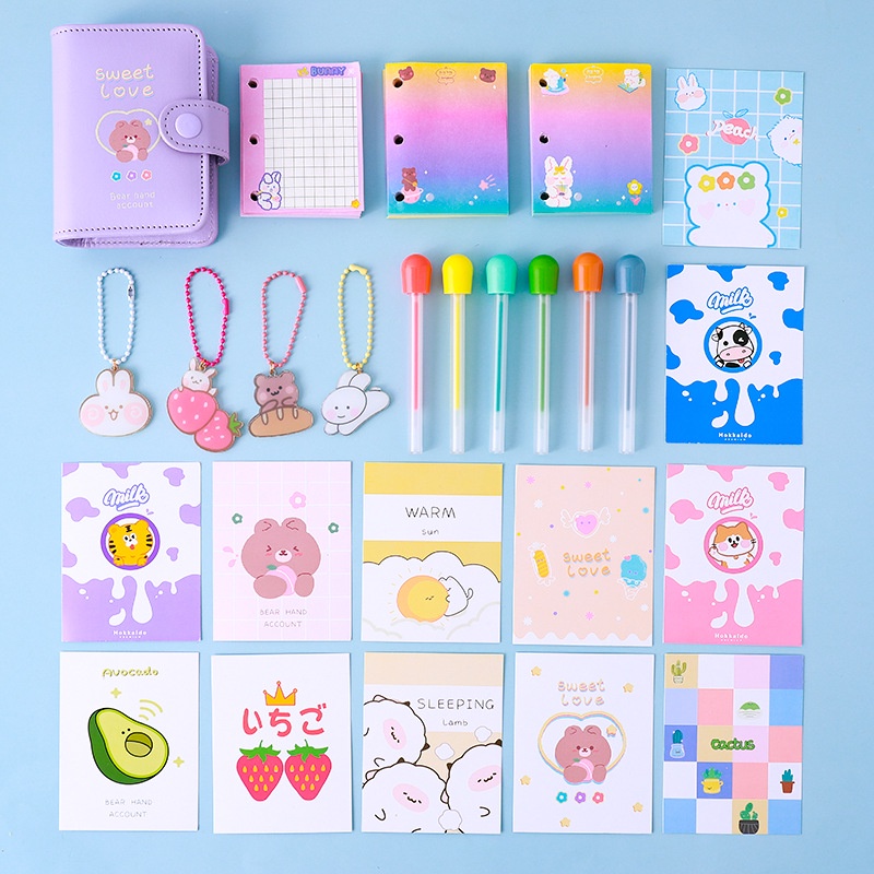 Sổ tay mini cute bìa da còng A7 full set gồm file giấy, bút, móc treo, sticker ,flashcard xinh10 màu đáng yêu