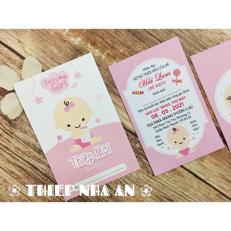 THIỆP MỜI SINH NHẬT - THÔI NÔI - ĐẦY THÁNG BABY GIRL in nội dung theo yêu cầu dành cho BÉ GÁI.