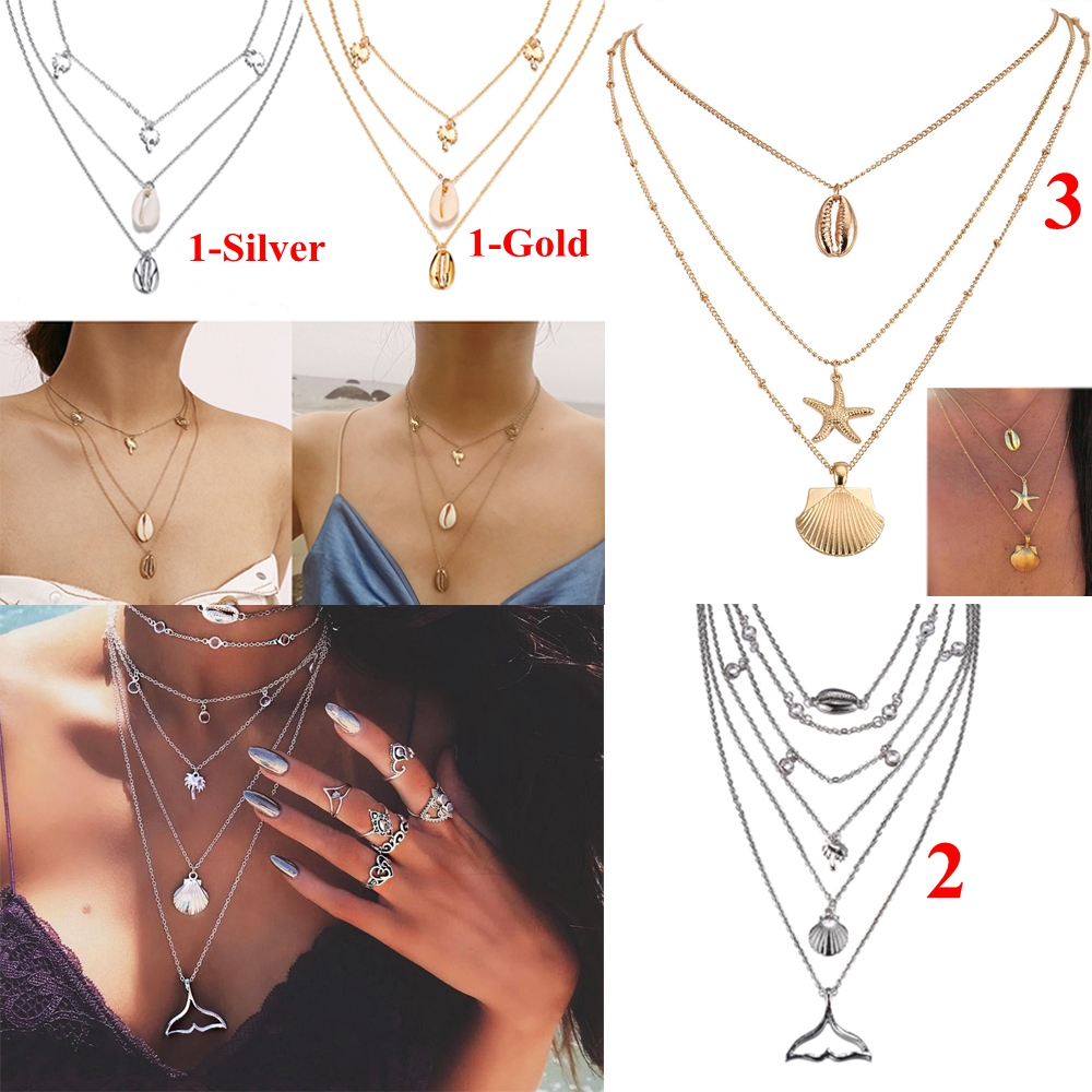 vòng cổ Choker Nhiều Lớp Mặt Vỏ Sò Màu Vàng Phong Cách Bohemian Thời Trang Mùa Hè