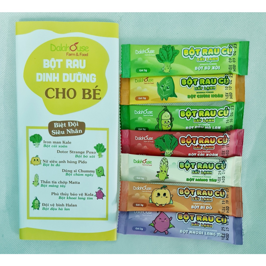 Bột rau củ dalahouse cho bé ăn dặm - gói 3g - Chùm ngây, kale, khoai lang, bó xôi ,đậu hà lan ,măng tây ,bí đỏ