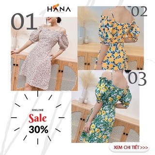 Váy trễ vai tay bồng, váy hoa nhí trễ vai dáng xòe, đầm hoa trễ vai sexy vải thô thiết kế Hana - V159