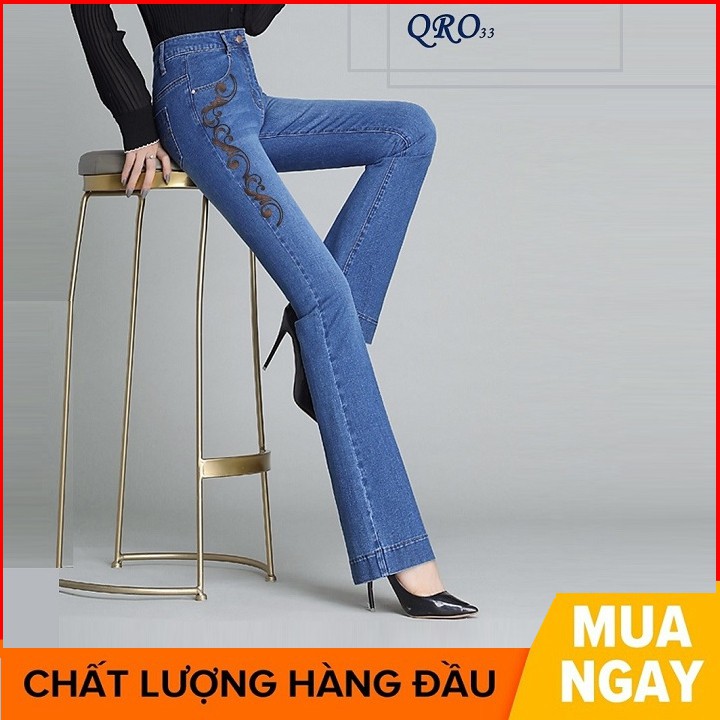 Quần jean nữ ống loe đẹp màu xanh thời trang hàng hiệu rosata qro33
