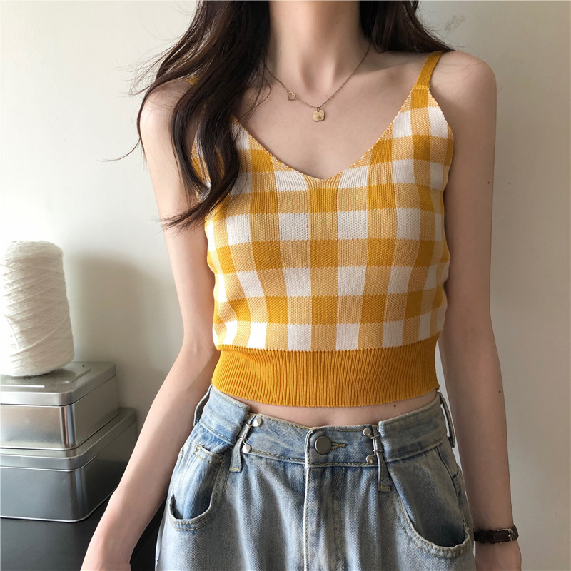 Áo lửng hai dây cổ tim họa tiết ca rô gợi cảm cho nữ