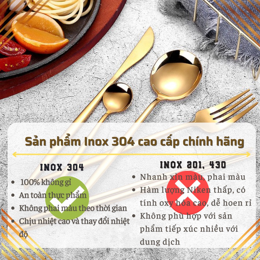 Bộ Muỗng Nĩa Đũa Vàng Gold Inox 304 Sang Trọng Cao Cấp Không Gỉ Basic Golden Cutlery