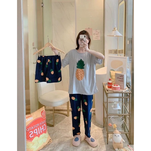 Đồ mặc nhà size lớn hoạ tiết hoạt hình dễ thương, bộ thun nữ tay ngắn quần dài thun 4 chiều TẶNG KÈM quần ngắn cùng hình